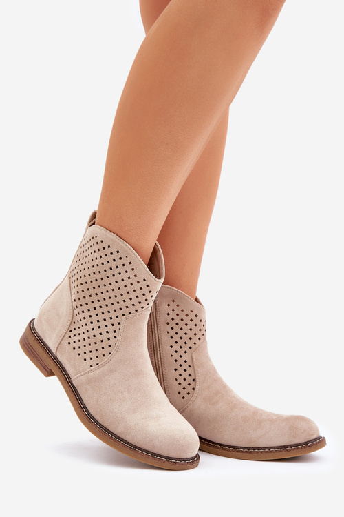 Ażurowe Botki Na Płaskim Obcasie Jasnobeżowe Zinollia