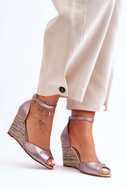 Skórzane Sandały Na Koturnie Laura Messi 2603/783 Srebrne