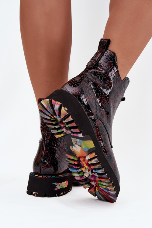 Lakierowane Botki Damskie Z Naturalnej Skóry Ocieplane Artiker 57C0165 Bordowe