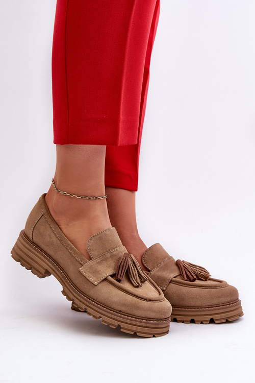 Zazoo 3469 Zamszowe Mokasyny Damskie Z Frędzlami Beżowe