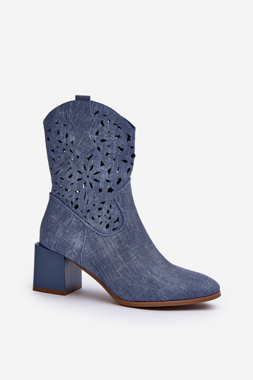 Jeansowe Botki Z Ażurową Cholewką Na Klocku Niebieskie Irvelame