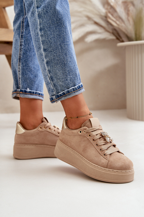 Sneakersy Damskie Na Platformie Z Misiem Beżowe Vailina