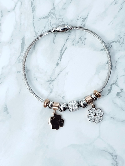 Damska Bransoleta Na Lince Zawieszki Koniczynki Różowe Złoto Charms