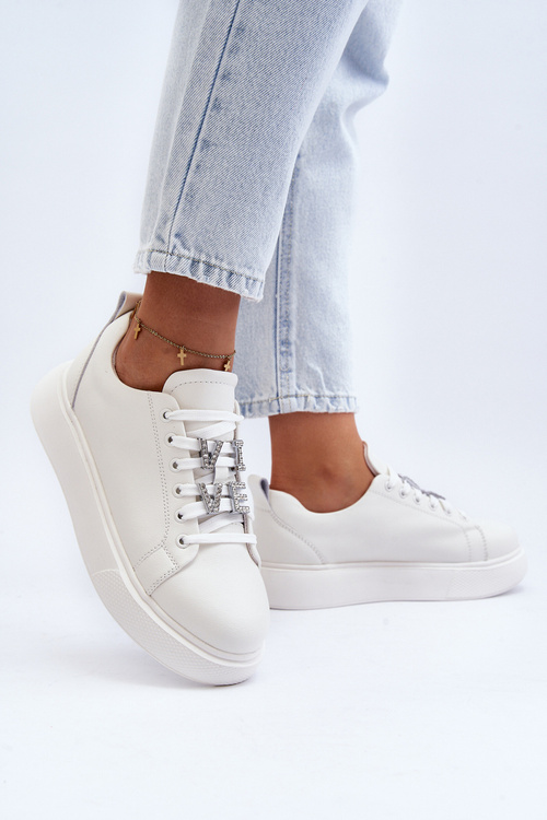 Damskie Sneakersy Skórzane Z Ozdobami Białe Dysuria