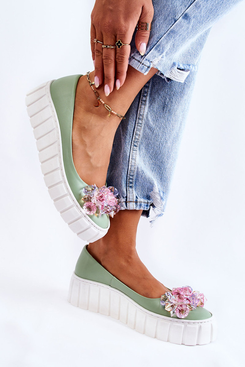 Skórzane Baleriny Na Platformie Z Kolorową Ozdobą Zielone Ladette