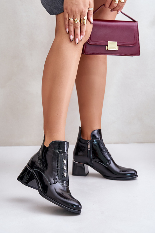 Zazoo 60504 Lakierowane Botki Na Klocku Ocieplane Czarne