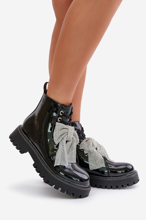 Lakierowane Botki Damskie Z Kokardą Czarne Ocenttia