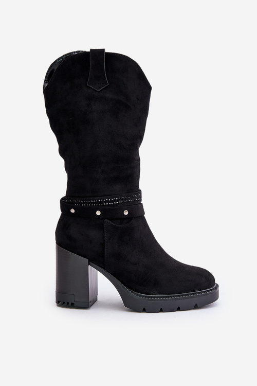 Kozaki Damskie Do Połowy Łydki Na Słupku Ocieplane Czarne Ivanelis