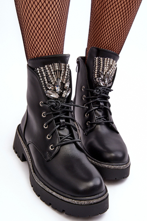 Niskie Botki Workery Z Biżuteryjną Ozdobą Czarne Melenope