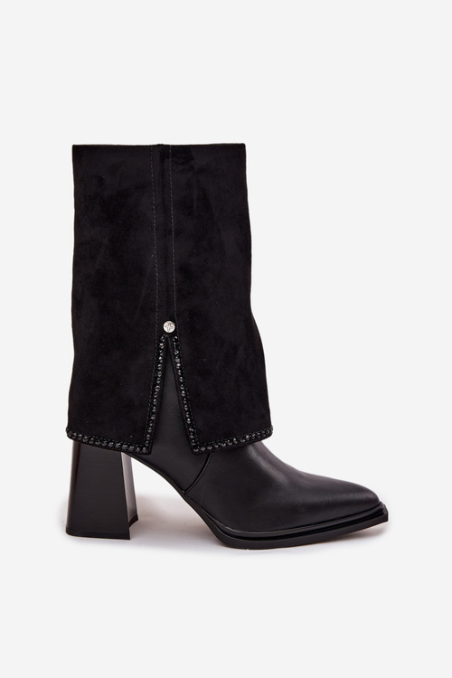 Skórzane Botki Damskie Na Słupku Z Wywiniętą Cholewką Ocieplane Maciejka K7206-01 Czarne