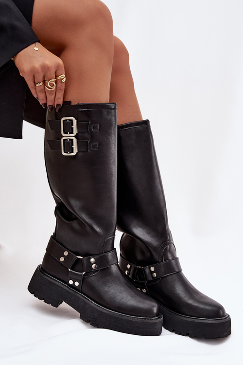 Skórzane Kozaki Damskie Z Klamrami Ocieplane Big Star OO274A180 Czarne