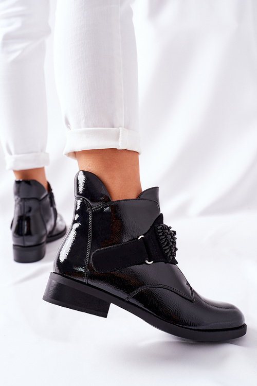 Botki Damskie Lakierowane Czarne Kryształy Schuler