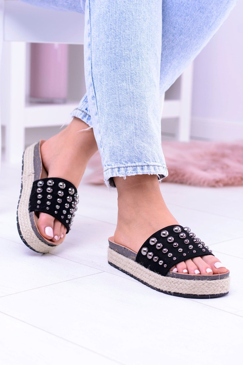 Damskie Czarne Klapki z Cyrkoniami Orto