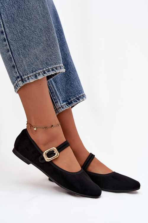 Baleriny Z Paskiem I Złotą Klamrą Eko Zamszowe Czarne Adelora