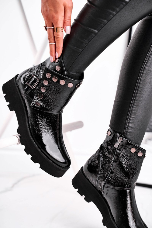 Damskie Botki Skórzane Lakierowane Czarne Exquisite 1199