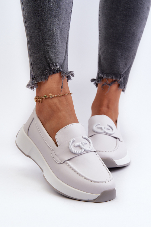 Skórzane Mokasyny Damskie Na Platformie Jasnoszare S.Barski LR490