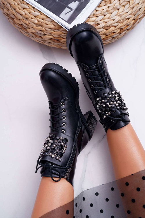 Botki Damskie Wysokie Rock Z Klapą Czarne Infinity