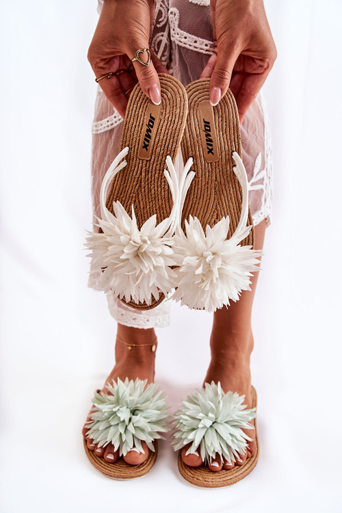 Damskie Klapki Japonki Z Materiałową Ozdobą Białe Eviana