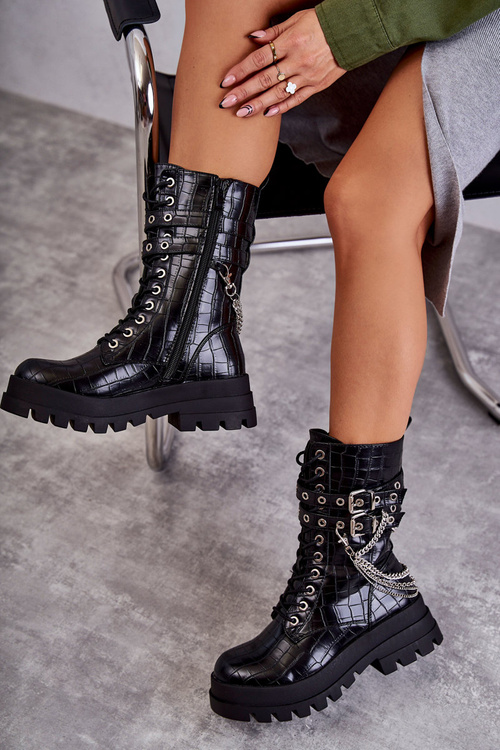 Wysokie Workery Botki Z Łańcuchem Wężowe Czarne Montero