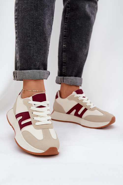 Buty Sportowe Damskie Na Platformie Beżowo-Bordowe Emidi