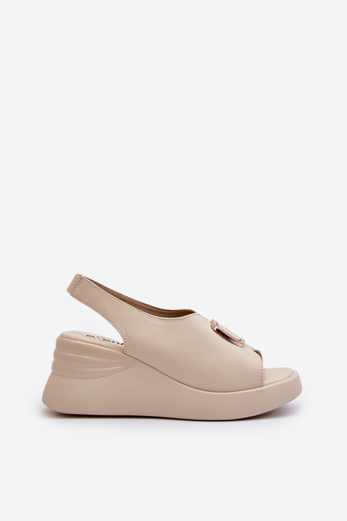 Skórzane Damskie Sandały Na Koturnie Z Ozdobą Beżowe Salvania