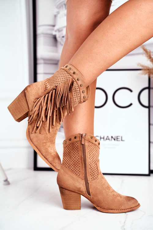 Botki Damskie Na Słupku Z Frędzlami Kowbojki Khaki Michelle