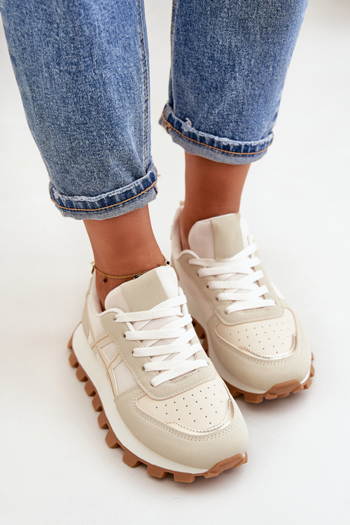 Sneakersy Buty Sportowe Damskie Sznurowane Na Platformie Beżowe Mialunae