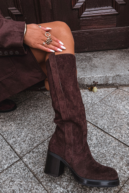 Kozaki Damskie Ocieplane Na Masywnym Słupku Czekoladowe Sanelle