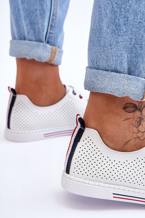 Damskie Ażurowe Skórzane Trampki Białe S.Barski LR952