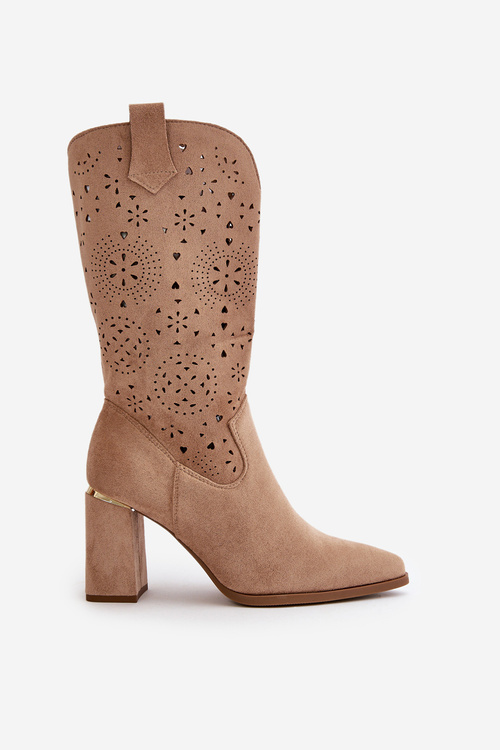 Ażurowe Botki Damskie Na Słupku Z Noskami W Szpic Eko Zamszowe Ciemnobeżowe Nevithra