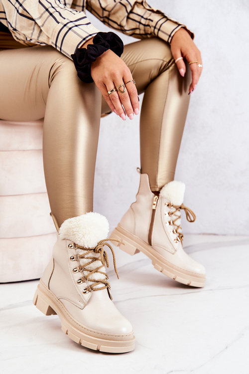 Skórzane Ocieplane Botki Trapery Beżowe Molissa