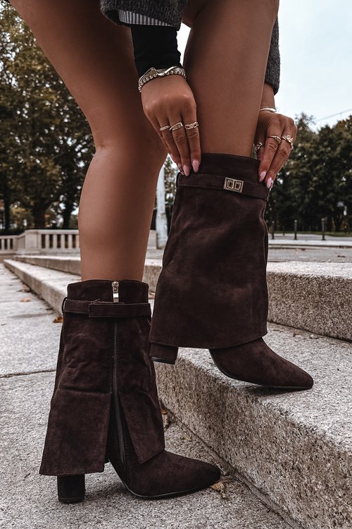 Ocieplane Botki Damskie Na Słupku Z Ozdobnym Paskiem Czekoladowe Luvielle