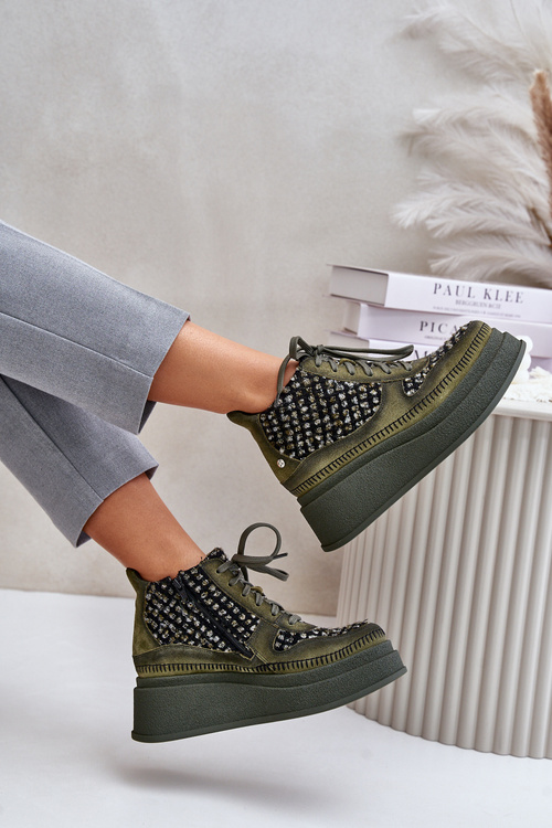 Skórzane Botki Na Platformie I Koturnie Maciejka 06759-09 Zielone