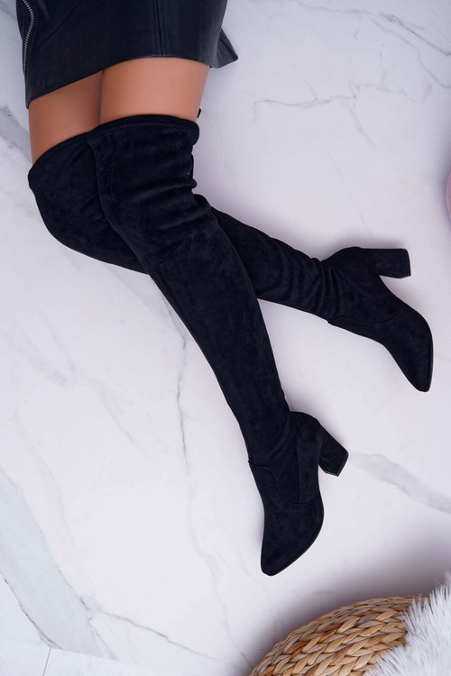 Kozaki Damskie Na Słupku Zamszowe Czarne Bernet