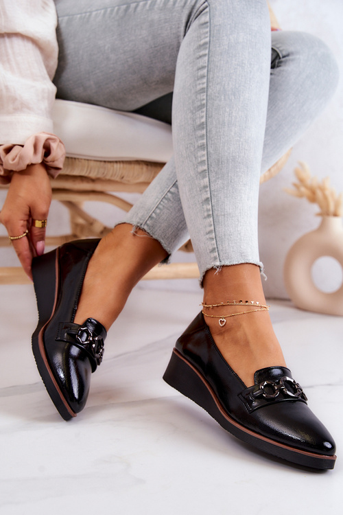 Lakierowane Skórzane Półbuty Na Koturnie Czarne Melodie