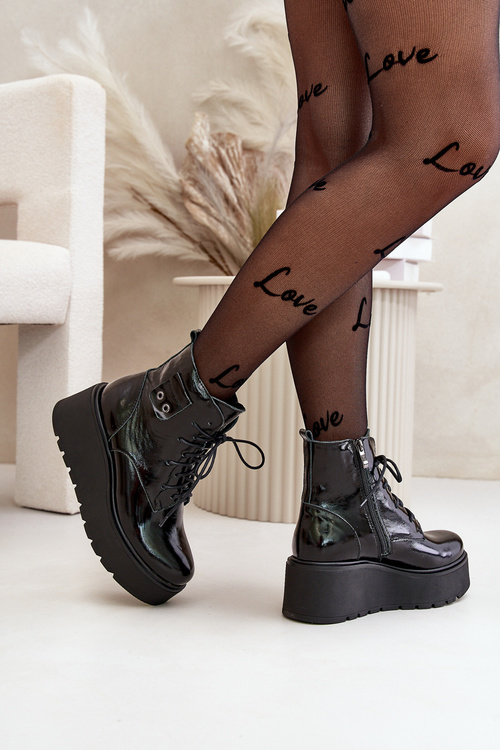 Zazoo 60499 Lakierowane Damskie Botki Na Platformie I Koturnie Ocieplane Skóra Naturalna Ciemnozielone