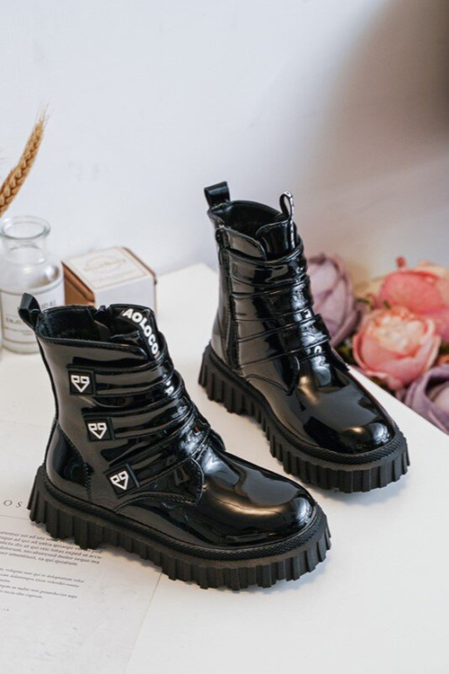 Lakierowane Ocieplane Botki Dziewczęce Czarne Rilina