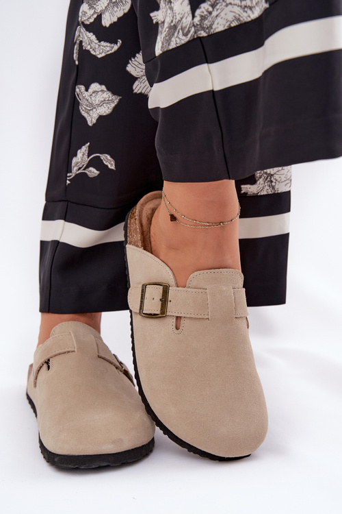 Zamszowe Klapki Chodaki Damskie Z Klamrą Big Star RR274A385 Beżowe