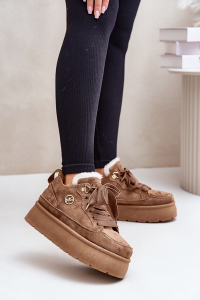 Ocieplane Futerkiem Sneakersy Damskie Na Platformie Brązowe Velarisea