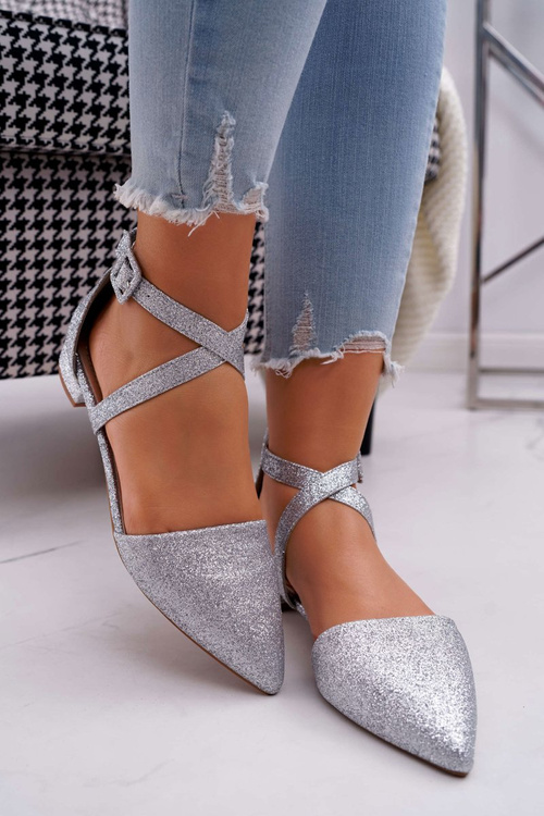 Damskie Balerinki Brokatowe w Szpic Srebrne Vontare