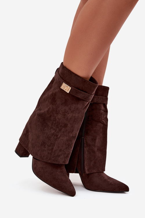 Ocieplane Botki Damskie Na Słupku Z Ozdobnym Paskiem Czekoladowe Luvielle