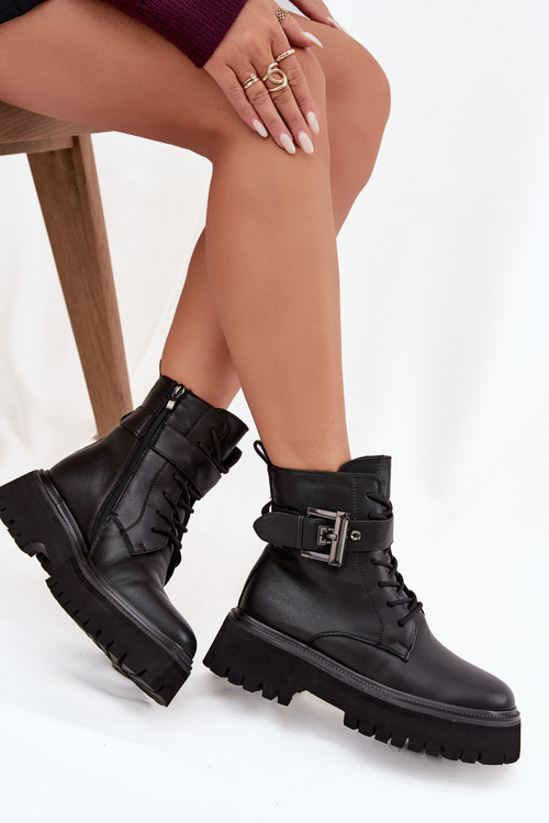 Skórzane Botki Workery Damskie Ocieplane Z Ozdobną Klamrą D&A MK52-032 Czarne