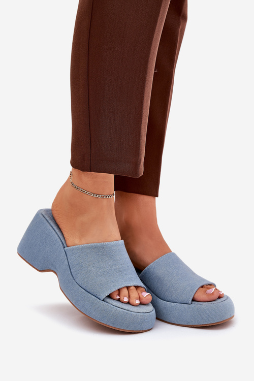 Materiałowe Klapki Damskie Na Platformie I Koturnie Jeansowe Afisal