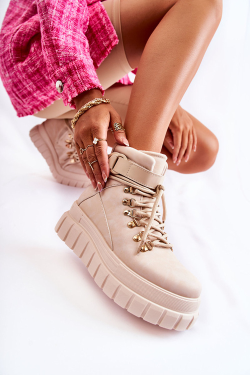 Modne Damskie Botki Na Platformie Z Paskiem Jasnobeżowe La Blanca