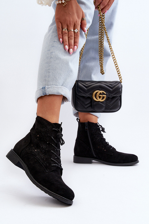 S.Barski HY66-136 Damskie Botki Ze Wzorem Czarne