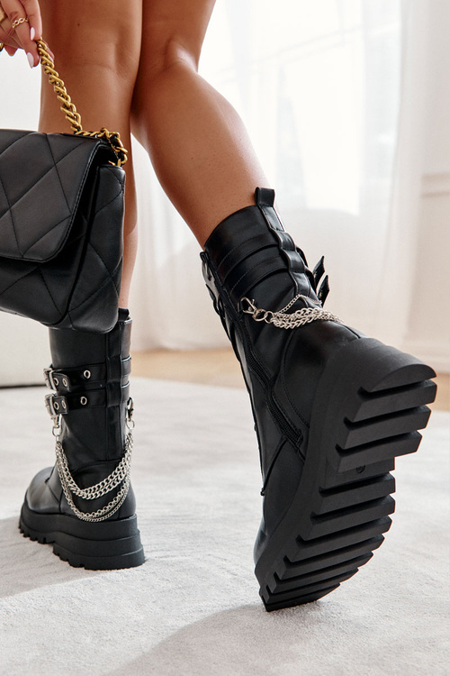 Wysokie Workery Botki Z Łańcuchem Czarne Montero