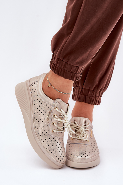 Damskie Skórzane Trampki Sportowe Buty Złote Brumia