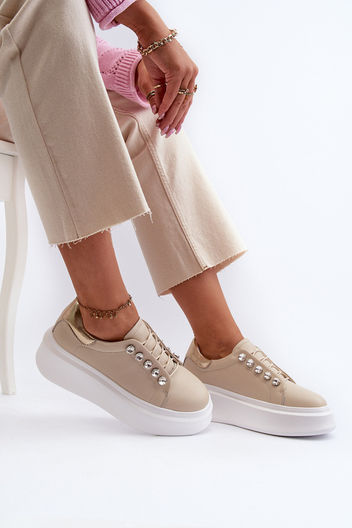 Skórzane Sneakersy Damskie Na Masywnej Platformie Beżowe S.Barski LR628