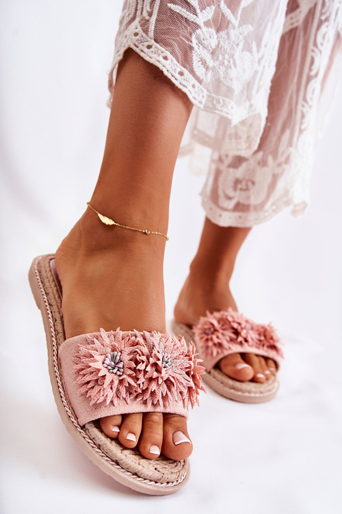 Damskie Klapki Z Materiałowymi Kwiatami Różowe Susana