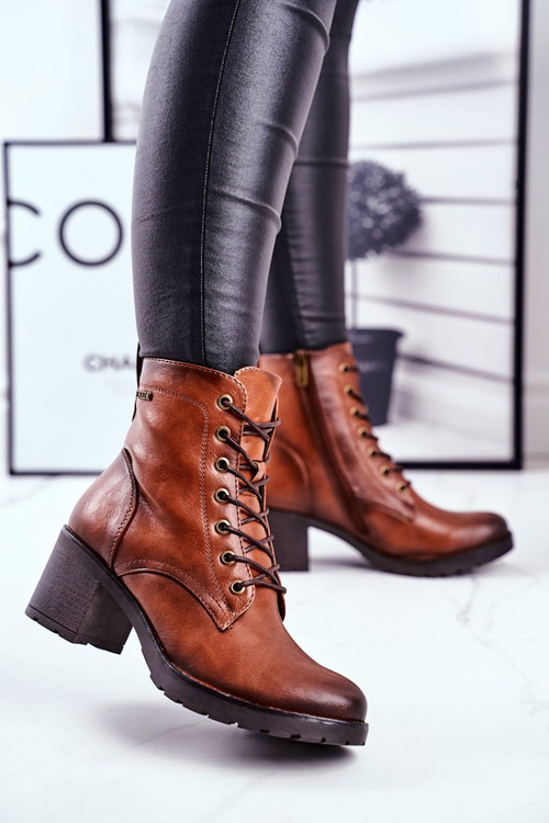 Botki Damskie Na Słupku Ocieplane Brązowe Fiber